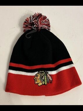 Black and Red Knit Pom Beanie with Embroidered Hockey Logo